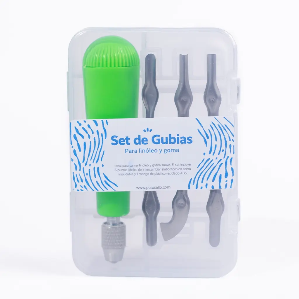 Set de gubias verde para linóleo y goma con estuche 