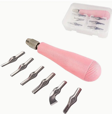 Set de gubias rosadas para linóleo y goma con estuche